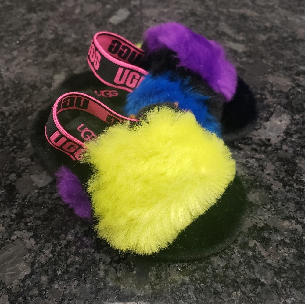 UGG Kids Slippers with Purple, Blue, and Yellow Fur
